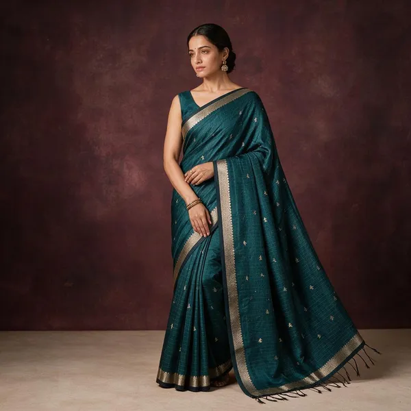 Peacock_Teal_Blue_Banarasi_Cotton_Silk_Saree_Small_Double_Butti