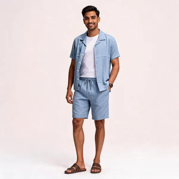 Light_Blue_Relaxed_Fit_Shirt_And_Shorts_Co-Ord_Set_For_Men