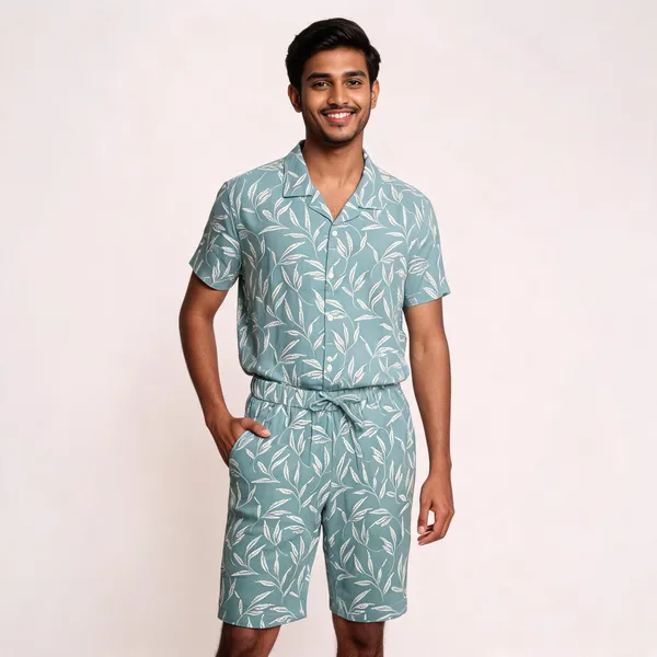 Sage_Green_Leaf_Print_Short_Sleeve_Shirt_And_Shorts_Set_For_Men