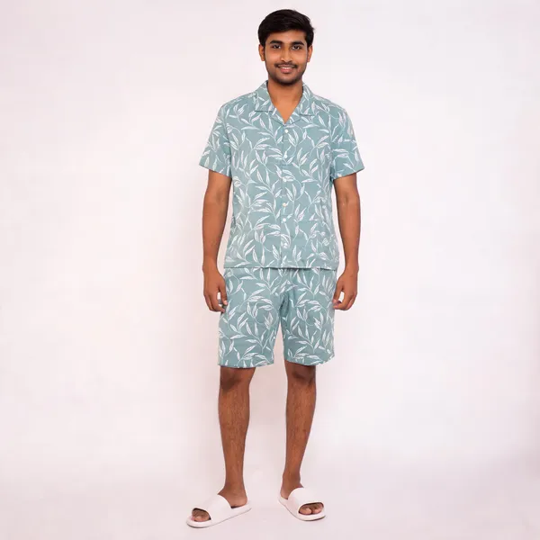 Sage_Green_Leaf_Print_Short_Sleeve_Shirt_And_Shorts_Set_For_Men