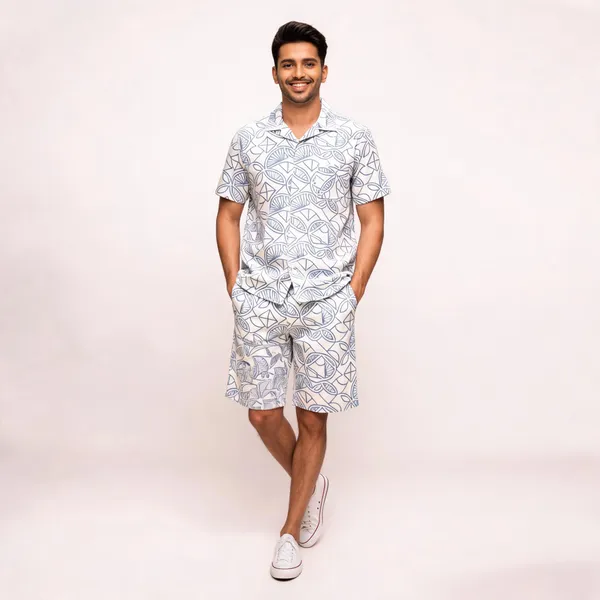 White_Geometric_Leaf_Printed_Relaxed_Fit_Shirt_And_Shorts_Co-Ord_Set_For_Men
