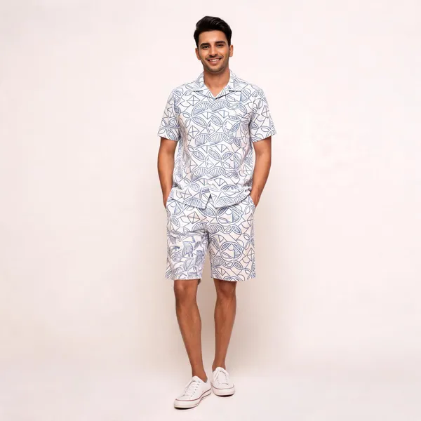 White_Geometric_Leaf_Printed_Relaxed_Fit_Shirt_And_Shorts_Co-Ord_Set_For_Men