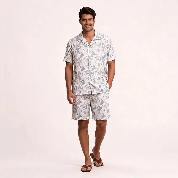 Grey_Floral_Printed_Relaxed_Fit_Shirt_And_Shorts_Co-Ord_Set_For_Men