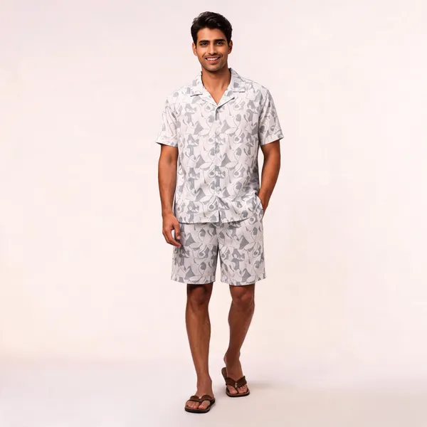 Grey_Floral_Printed_Relaxed_Fit_Shirt_And_Shorts_Co-Ord_Set_For_Men