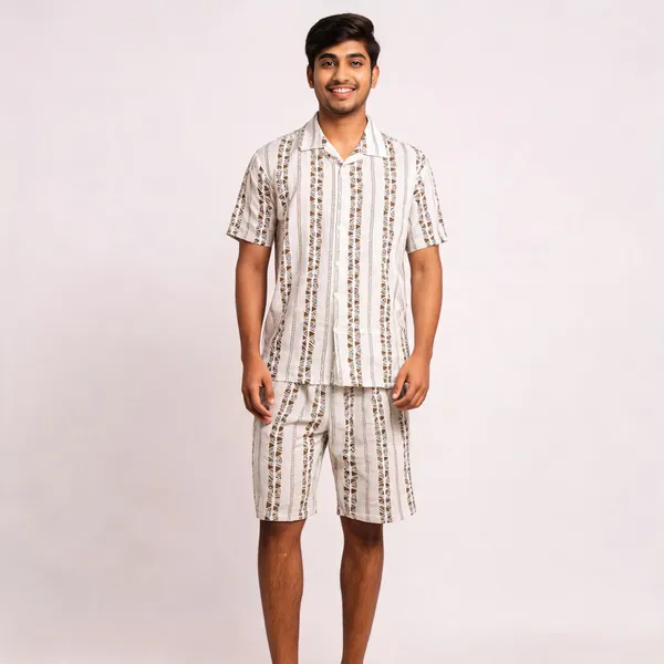 White_Geometric_Print_Short_Sleeve_Co-Ord_Set_For_Men