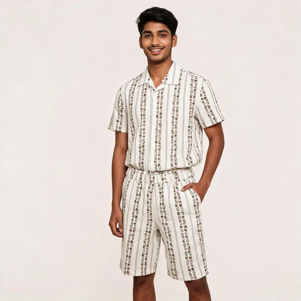 White_Geometric_Print_Short_Sleeve_Co-Ord_Set_For_Men