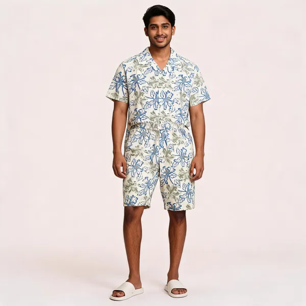 Beige_Floral_Printed_Relaxed_Fit_Shirt_And_Shorts_Co-Ord_Set_For_Men