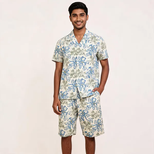 Beige_Floral_Printed_Relaxed_Fit_Shirt_And_Shorts_Co-Ord_Set_For_Men