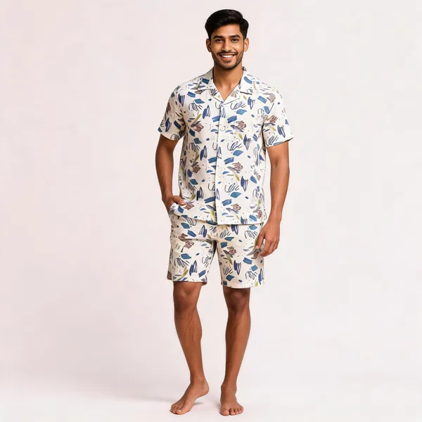 Cream_Botanical_Printed_Relaxed_Fit_Shirt_And_Shorts_Co-Ord_Set_For_Men