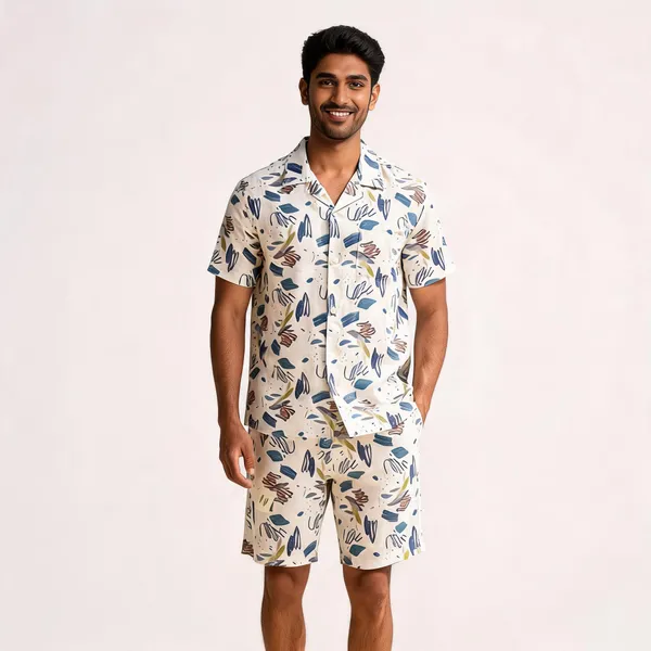 Cream_Botanical_Printed_Relaxed_Fit_Shirt_And_Shorts_Co-Ord_Set_For_Men