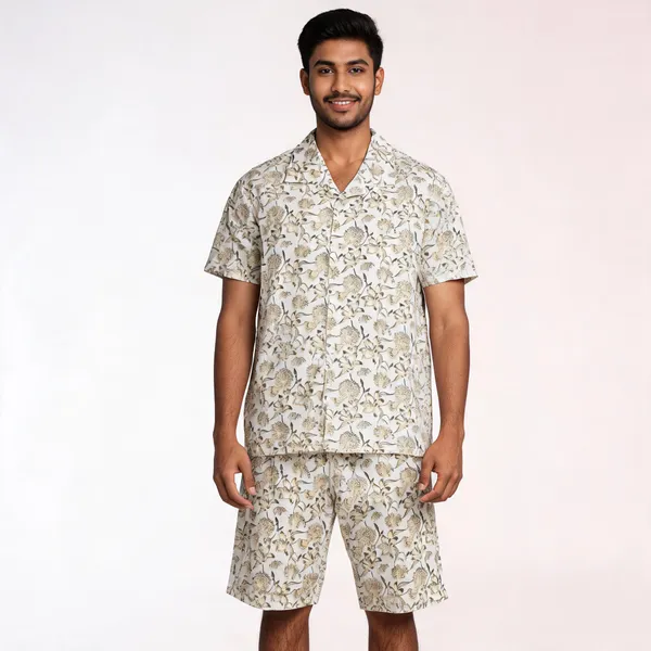 Off_White_Floral_Print_Short_Sleeve_Shirt_And_Shorts_Set_For_Men