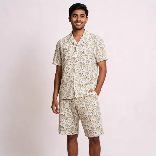 Off_White_Floral_Print_Short_Sleeve_Shirt_And_Shorts_Set_For_Men