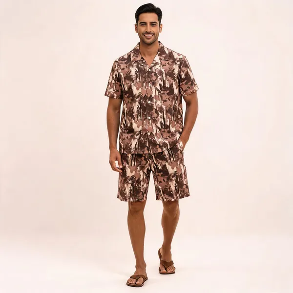 Brown_Abstract_Printed_Relaxed_Fit_Shirt_And_Shorts_Co-Ord_Set_For_Men