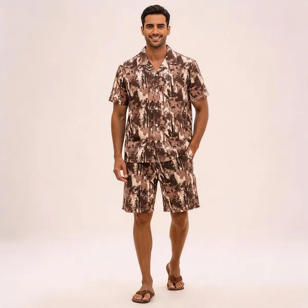 Brown_Abstract_Printed_Relaxed_Fit_Shirt_And_Shorts_Co-Ord_Set_For_Men