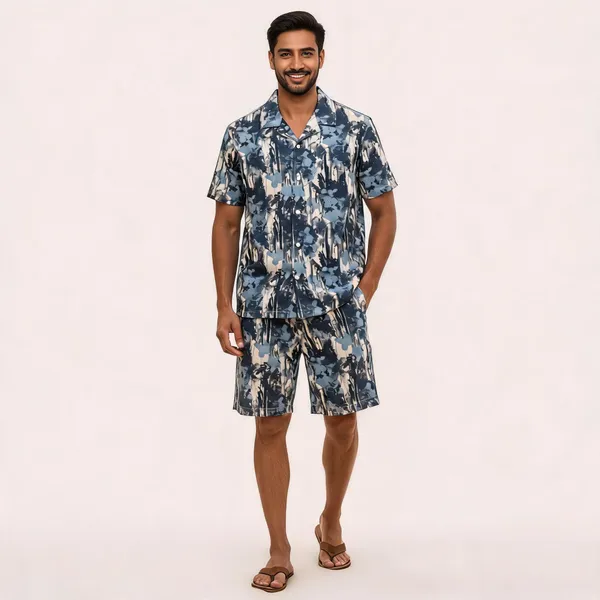 Blue_Grey_Printed_Relaxed_Fit_Shirt_And_Shorts_Co-Ord_Set_For_Men
