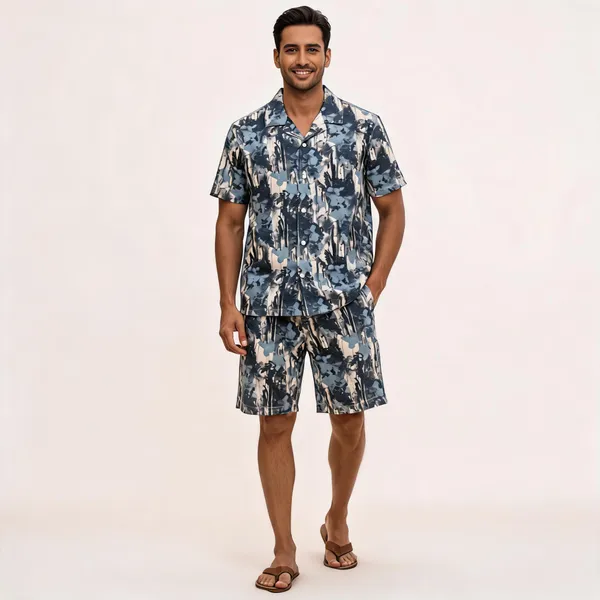 Blue_Grey_Printed_Relaxed_Fit_Shirt_And_Shorts_Co-Ord_Set_For_Men