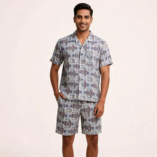 Dark_Grey_Geometric_Printed_Relaxed_Fit_Shirt_And_Shorts_Co-Ord_Set_For_Men