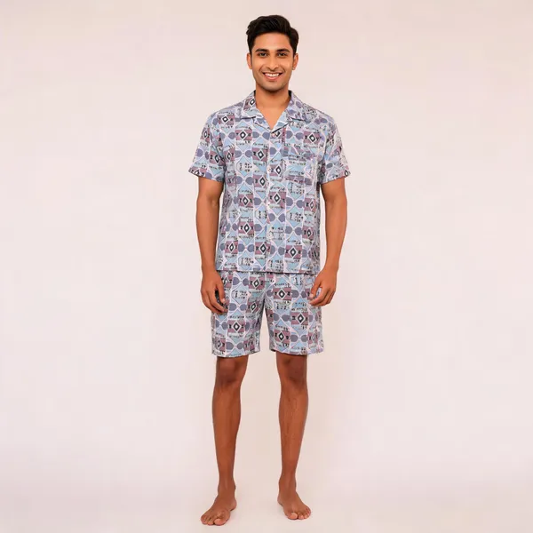 Dark_Grey_Geometric_Printed_Relaxed_Fit_Shirt_And_Shorts_Co-Ord_Set_For_Men