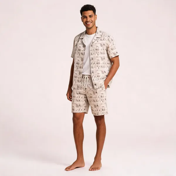 Beige_Newspaper_Printed_Relaxed_Fit_Shirt_And_Shorts_Co-Ord_Set_For_Men