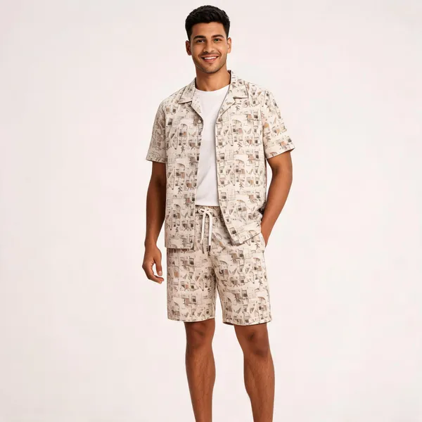 Beige_Newspaper_Printed_Relaxed_Fit_Shirt_And_Shorts_Co-Ord_Set_For_Men