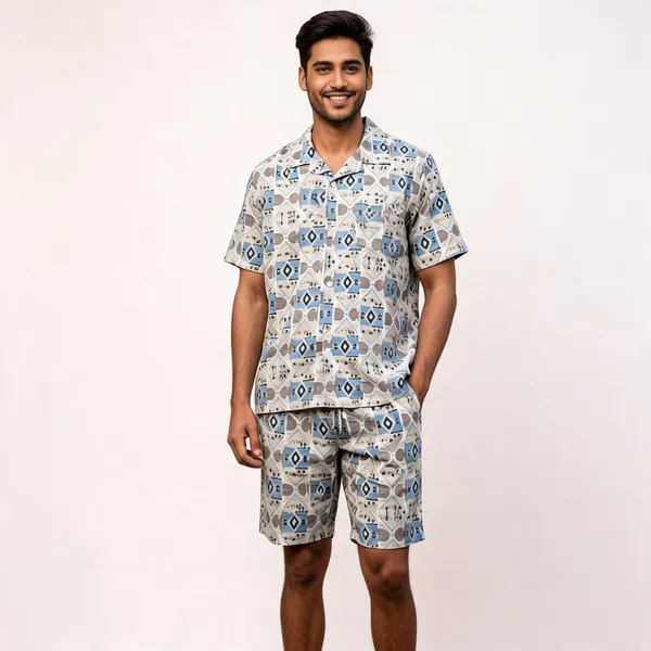 Grey_Geometric_Printed_Relaxed_Fit_Shirt_And_Shorts_Co-Ord_Set_For_Men