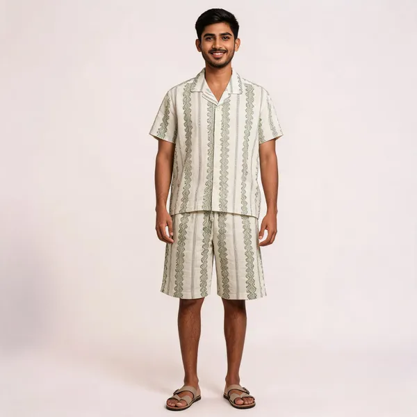 White_Geometric_Print_Short_Sleeve_Relaxed_Shirt_And_Shorts_Set_For_Men