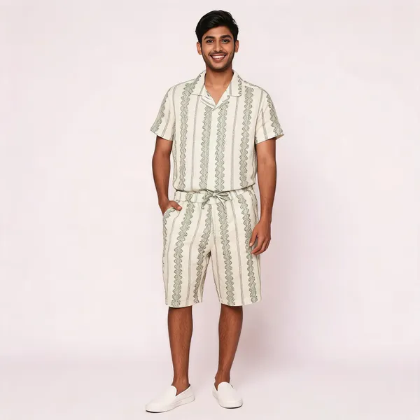 White_Geometric_Print_Short_Sleeve_Relaxed_Shirt_And_Shorts_Set_For_Men