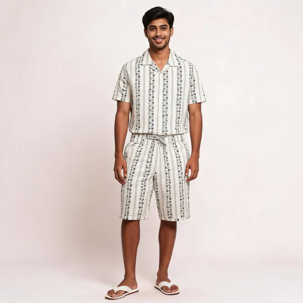 Cream_Geometric_Print_Short_Sleeve_Shirt_And_Shorts_Set_For_Men