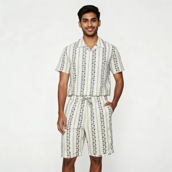 Cream_Geometric_Print_Short_Sleeve_Shirt_And_Shorts_Set_For_Men