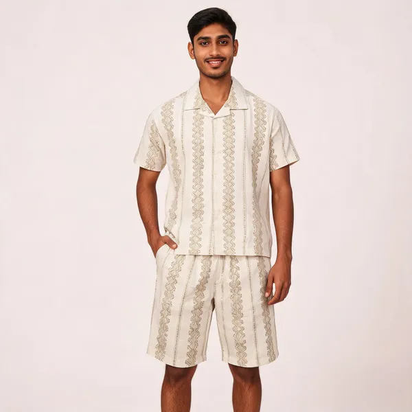 Cream_Geometric_Print_Short_Sleeve_Relaxed_Shirt_And_Shorts_Set_For_Men