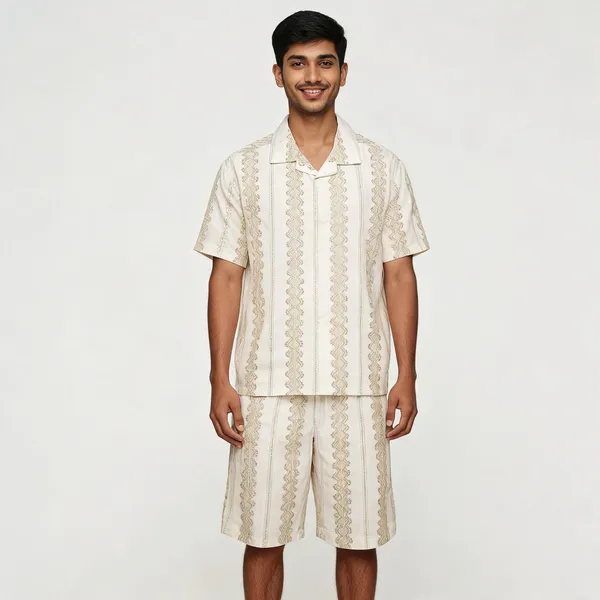 Cream_Geometric_Print_Short_Sleeve_Relaxed_Shirt_And_Shorts_Set_For_Men