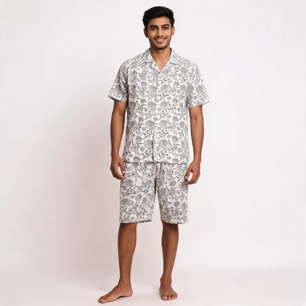White_Floral_Print_Short_Sleeve_Shirt_And_Shorts_Set_For_Men