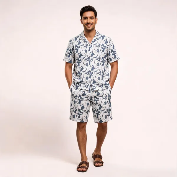 White_Abstract_Printed_Relaxed_Fit_Shirt_And_Shorts_Co-Ord_Set_For_Men