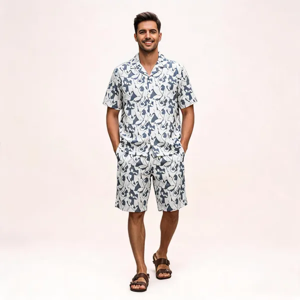 White_Abstract_Printed_Relaxed_Fit_Shirt_And_Shorts_Co-Ord_Set_For_Men