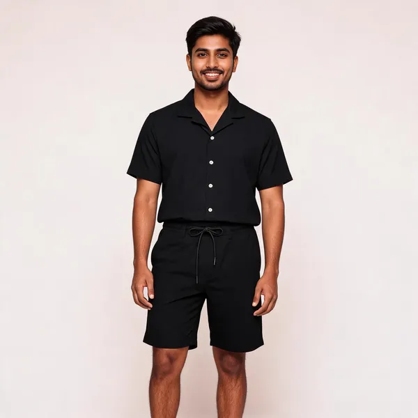 Black_Relaxed_Fit_Collared_Shirt_And_Shorts_Set_For_Men