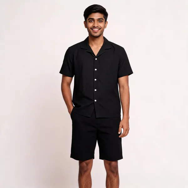 Black_Relaxed_Fit_Collared_Shirt_And_Shorts_Set_For_Men