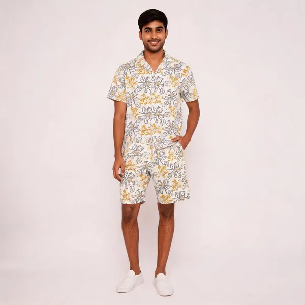 Off_White_Floral_Print_Relaxed_Shirt_And_Shorts_Set_For_Men