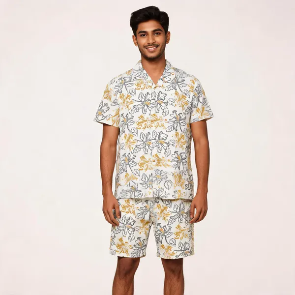 Off_White_Floral_Print_Relaxed_Shirt_And_Shorts_Set_For_Men