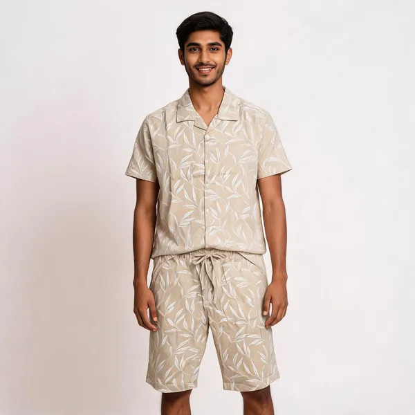 Beige_Leaf_Print_Short_Sleeve_Shirt_And_Shorts_Set_For_Men