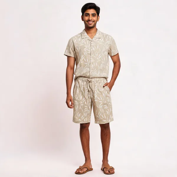 Beige_Leaf_Print_Short_Sleeve_Shirt_And_Shorts_Set_For_Men
