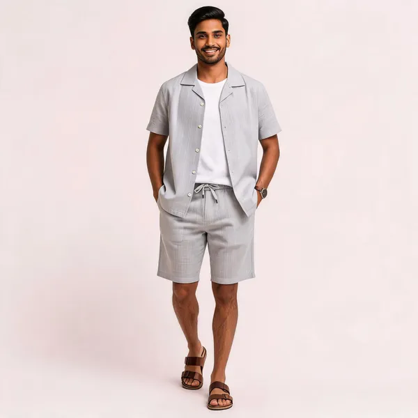 Light_Grey_Relaxed_Fit_Shirt_And_Shorts_Co-Ord_Set_For_Men