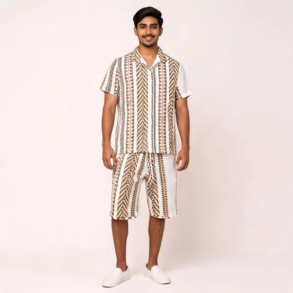 White_Geometric_Printed_Relaxed_Fit_Shirt_And_Shorts_Set_For_Men