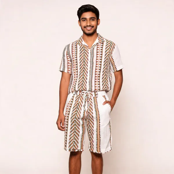 White_Geometric_Printed_Relaxed_Fit_Shirt_And_Shorts_Set_For_Men