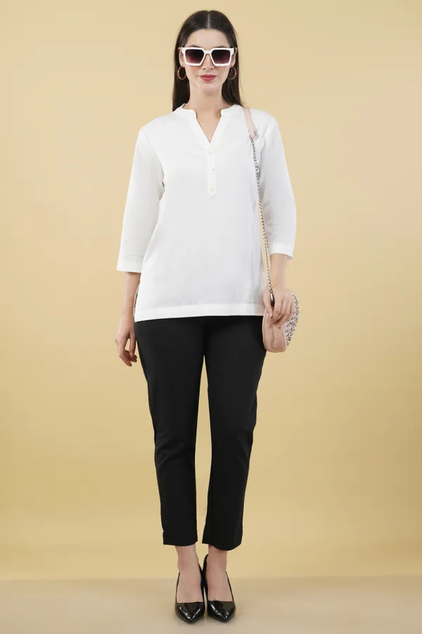 White_Cotton_Linen_Notch_Neck_Top_For_Women