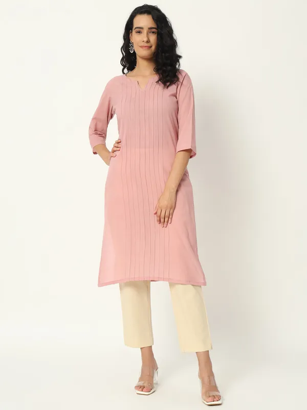 Pink_Cotton_Straight_Pintuck_Long_Kurta_For_Women