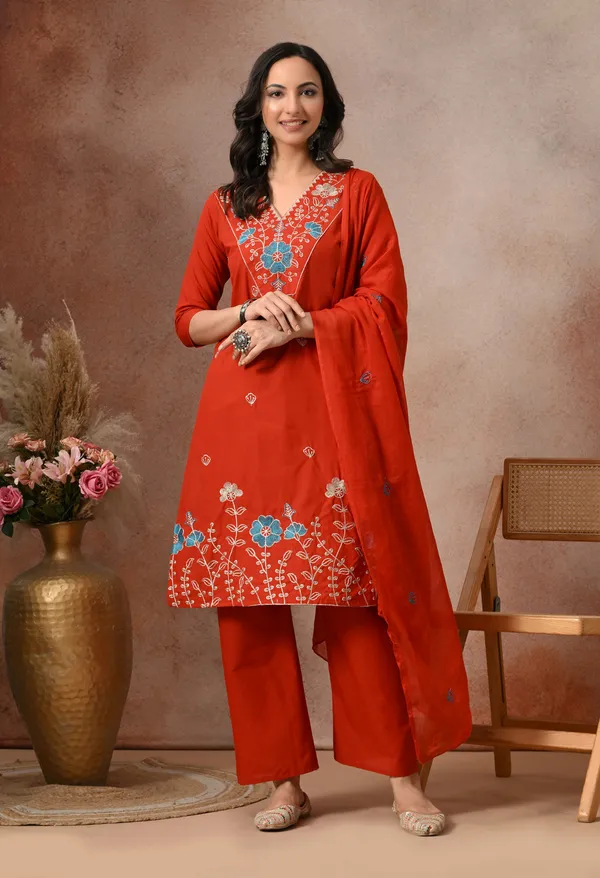 Rust_Orange_Cotton_Floral_Embroidered_3-Piece_Suit_Set_For_Women