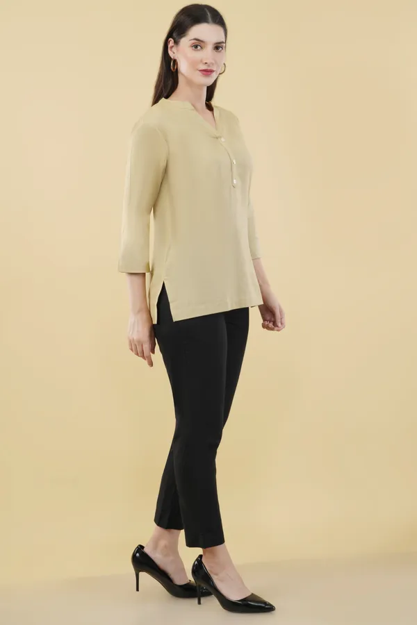 Beige_Cotton_Linen_Mandarin_Collar_Three-Quarter_Sleeve_Top_For_Women