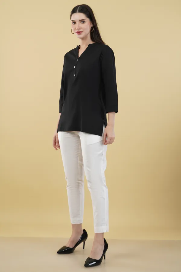 Black_Cotton_Linen_Collar_Neck_Button_Detail_Top_For_Women