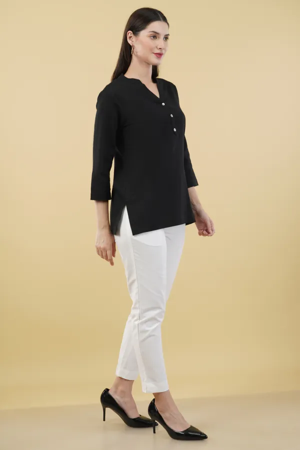 Black_Cotton_Linen_Collar_Neck_Button_Detail_Top_For_Women