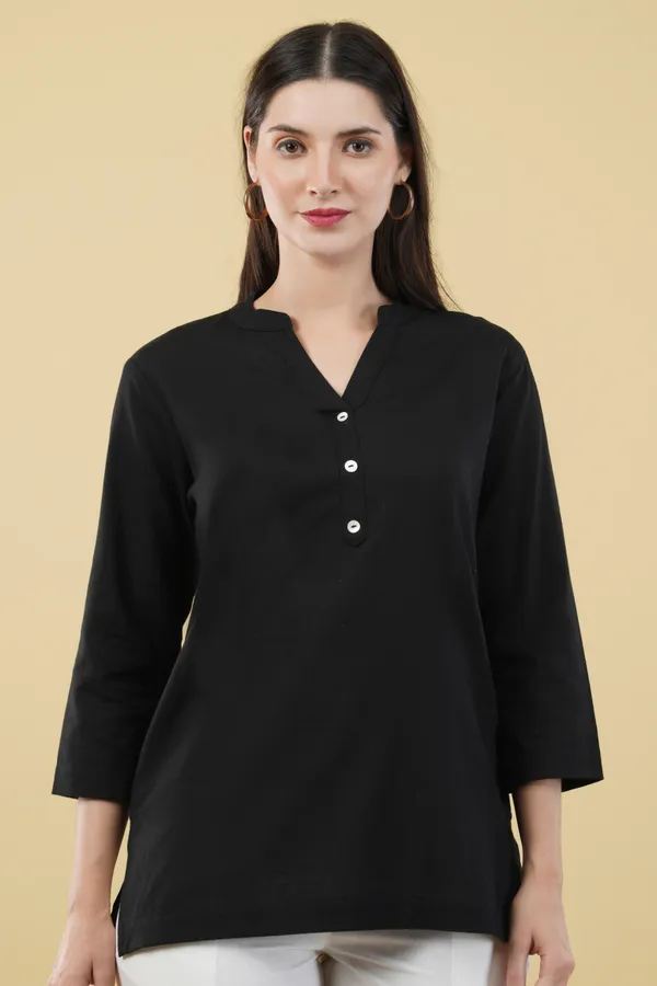 Black_Cotton_Linen_Collar_Neck_Button_Detail_Top_For_Women